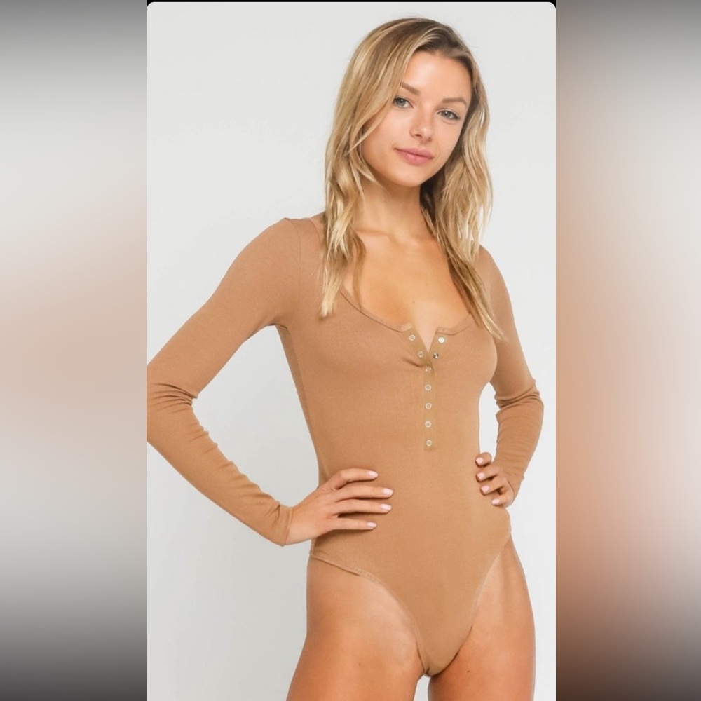 Olivaceous Ribbed Button Down Snap Closure Long Sleeve Bodysuit